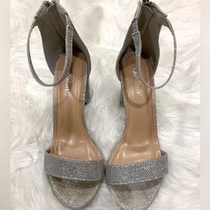 Silver glitter shimmer ankle strap block heels